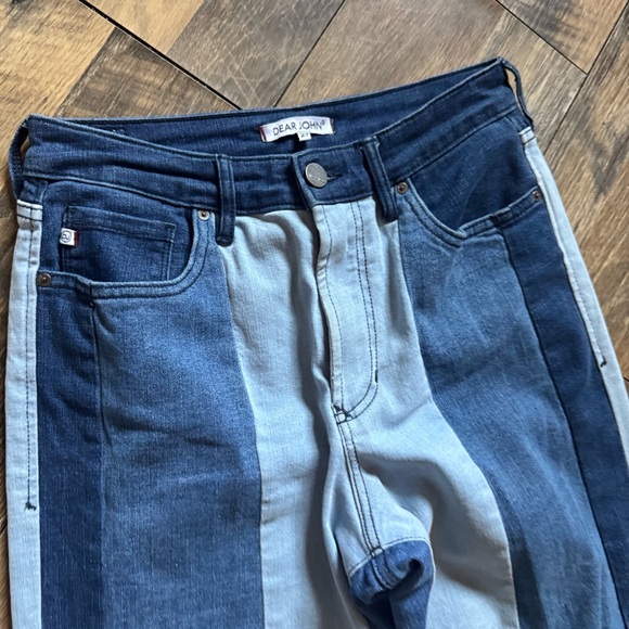 Dear John Two-Tone Vertical Stripe Flare Jeans - Light & Dark Blue - Picture 2 of 9